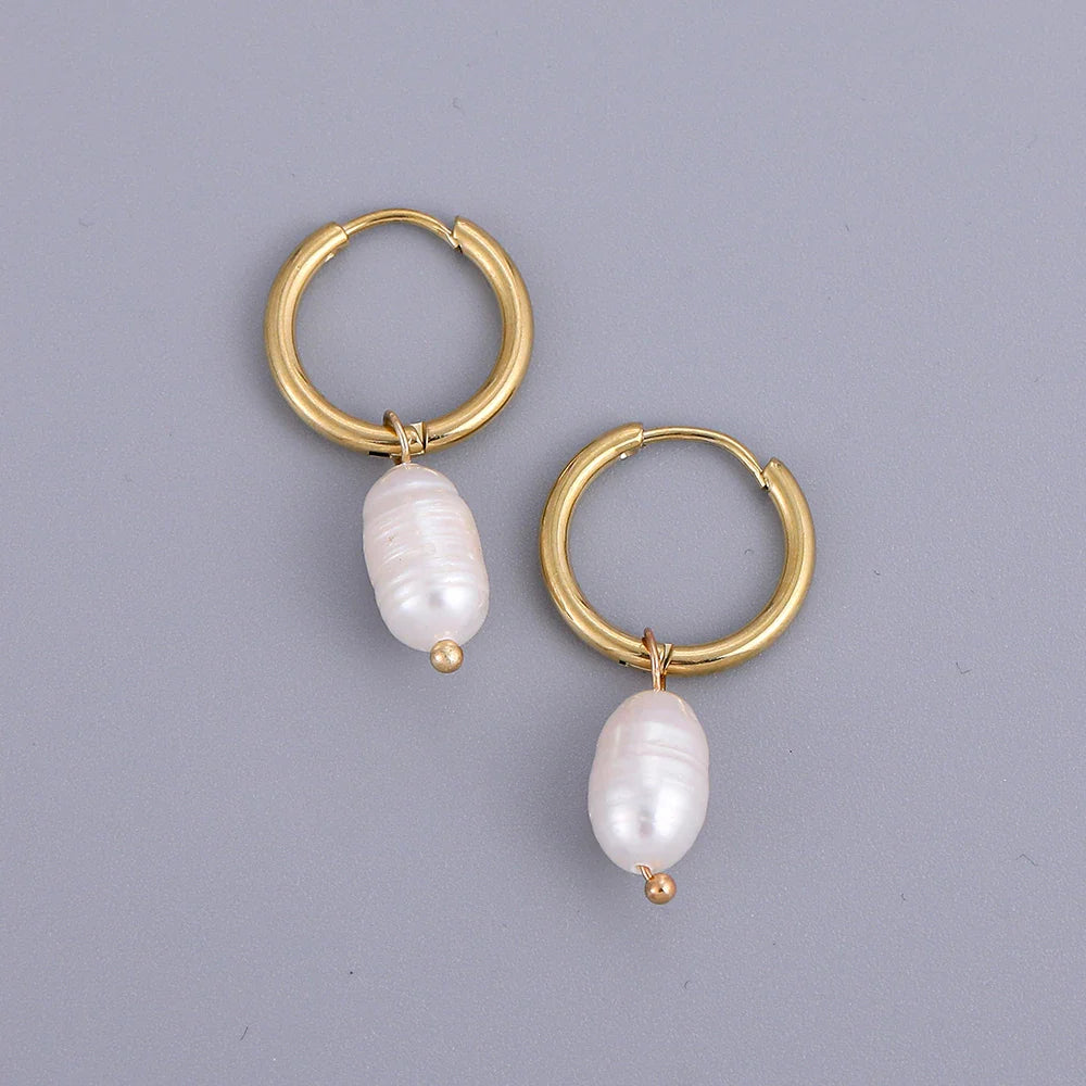 sengpan Eardrop Pearl Small Hoop Earrings for Women Gold Color Stainless Steel Circle Huggies Hoops Ear Buckle Jewelry