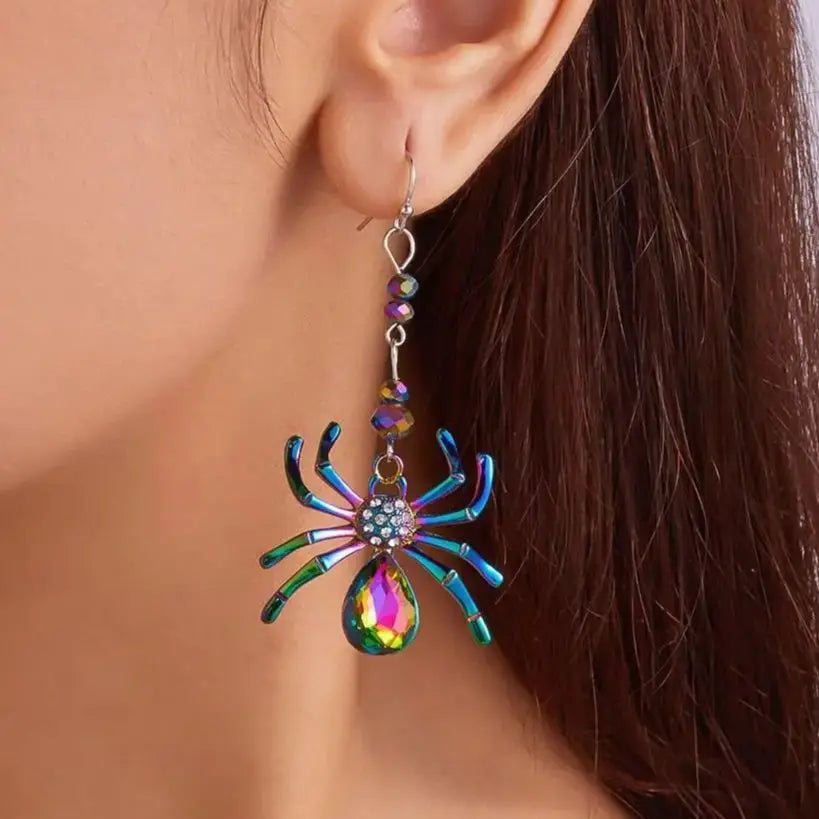 sengpan Colorful Spider Design Shiny Artificial Crystal Inlaid Dangle Earrings for Women Punk Metal Spider Earrings Halloween Jewelry