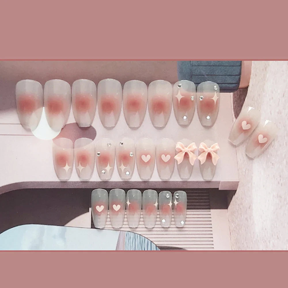 sengpan Press On Nails Heart 24PCS Pink Bow False Nail Girls Sweet Style Save Time Medium Coffin Nail Free Shipping Full Cover Nail Tips