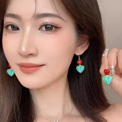 sengpan Y2K Color Matching Love Heart Dangle Earrings for Women Girls Sweet Retro Peach Heart Stud Earrings Fashion Jewelry Party Gifts