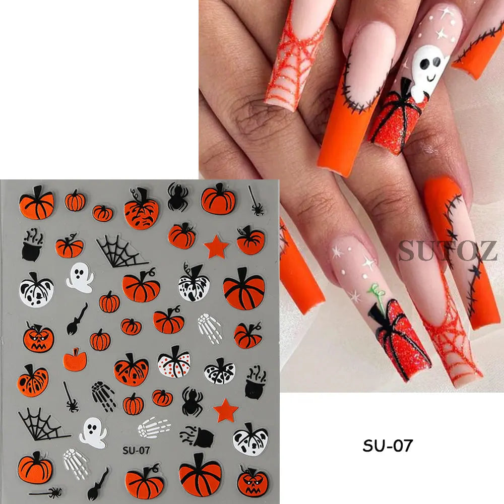 sengpan 5D Embossed Ghost Nail Art Stickers Halloween Cartoon Pumpkin Skull Nail Decals Spider Web Daisy Sliders For Manicure NTJI-5D131