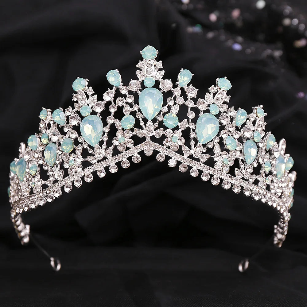 sengpan Luxury Green Opal Crystal Flower Water Drop Tiara Crown Women Wedding Party Elegant Bridal Bride Crown Hair Accessories