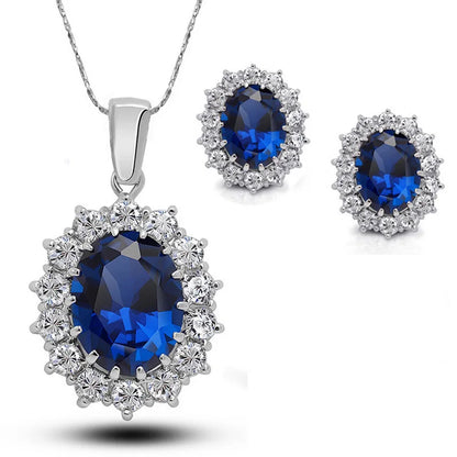 sengpan Luxury Designer Set for Girlfriend and Mother Blue Zircon Crysta Necklace Earrings Ring Sets Bridal Accessories Three Piece Gift