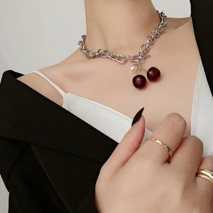 sengpan Black Wine Red Cherry Necklace Hip Hop Inns Premium Earrings Dark Black Girl Personality Bracelet Simple Versatile Collar Chain