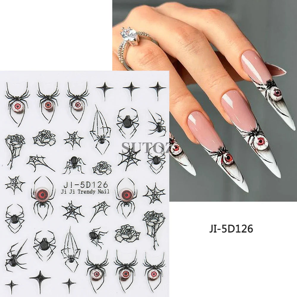 sengpan 5D Ghost Halloween Nail Art Stickers Cartoon Pumpkins Skulls Flowers Nail Decals Y2K Halloween Self-Adhesive Manicure Deco JI-5D