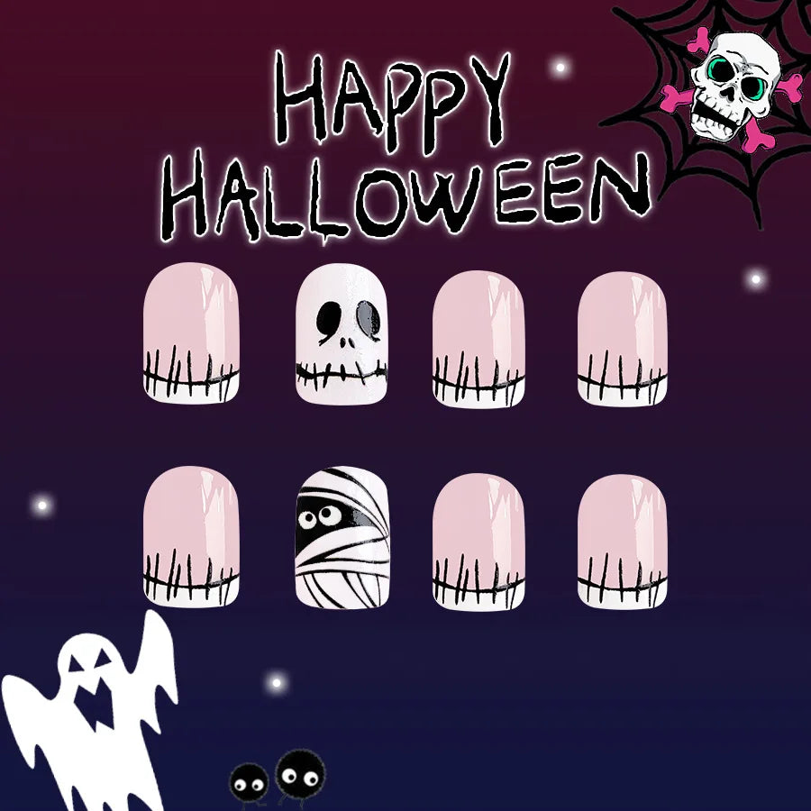 sengpan 24Pcs Halloween Little Ghost Press on Fake Nails Creative French Design Short Square False Nails Acrylic Nails Halloween Decorat