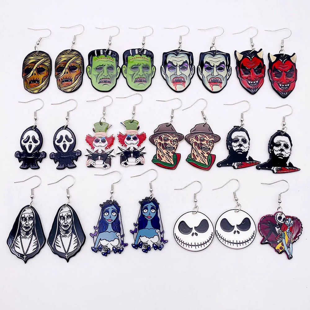 sengpan 19 kinds of Halloween Acrylic Earrings Christmas Night Horror Movie Cartoon Character Asymmetric Earring for Women Jewelry