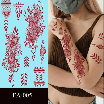 sengpan Maroon Henna Stickers for Hands Waterproof Temporary Henna Tattoos for Women Fake Tattoo Brown Henna Decorations Wedding