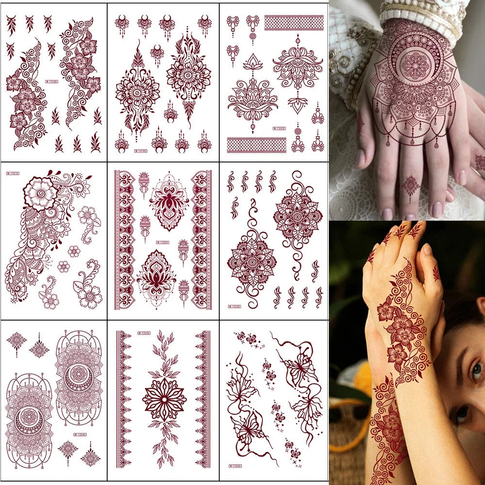 sengpan Waterproof Brown Henna Tattoo Sticker for Women Temporary Flower Fake Tattoo for Hand Wedding Party Festival Body Art Decoration