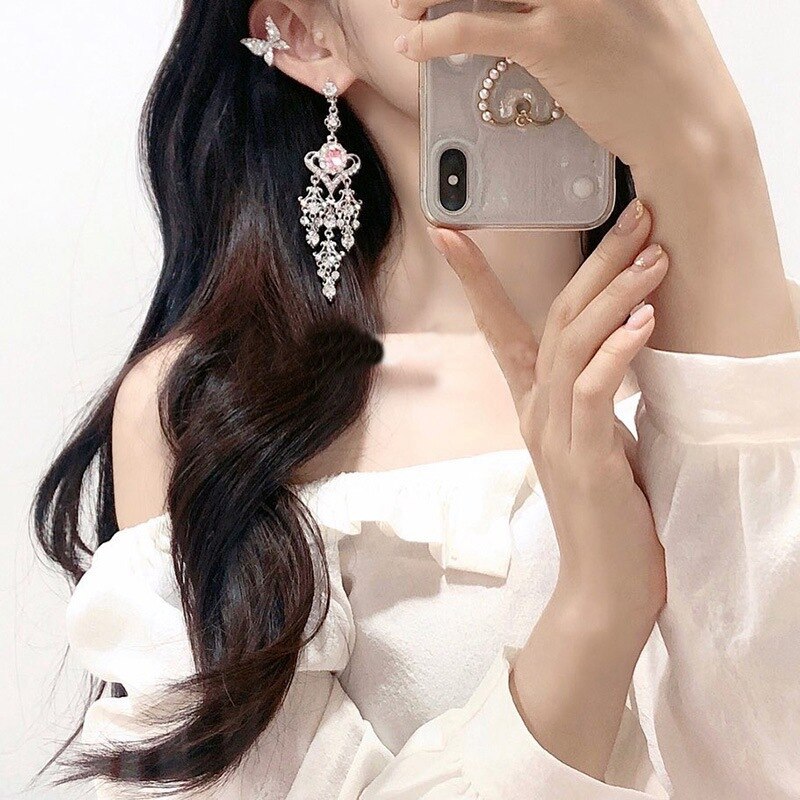 sengpan gifts for women  Shine Full Rhinestone Vintage Baroque Pink Crystal Love Heart Earrings Sweet Silver Stud Earrings  jewelry  korean earrings