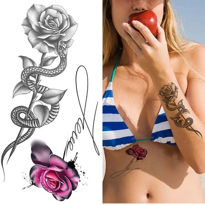 sengpan Waterproof Temporary Tattoo Stickers for Women Black Sexy Rose Butterfly Flowers Body Art Tattoo Arm Legs Sleeve Fake Tattoos