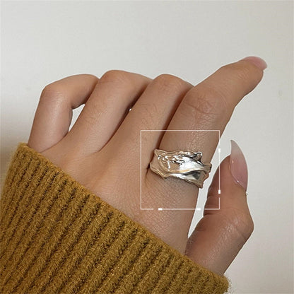 sengpan INS Minimalist Silver Color Irregular Wrinkled Surface Finger Rings Creative Geometric Punk Opening Ring for Women Girls Jewelry