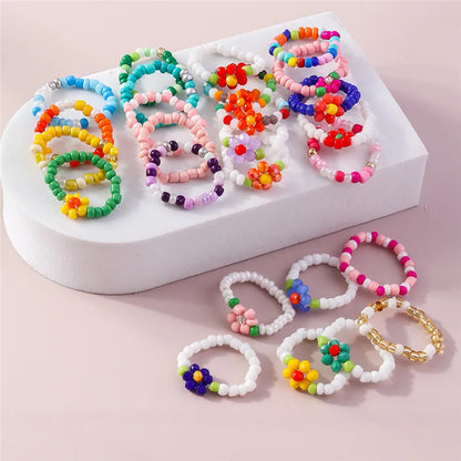 sengpan Korean Colorful Small Flower Ring Sets Bohemia Handmade Multi Beaded Rice Beads Finger Ring For Women Beach Jewelry Gifts