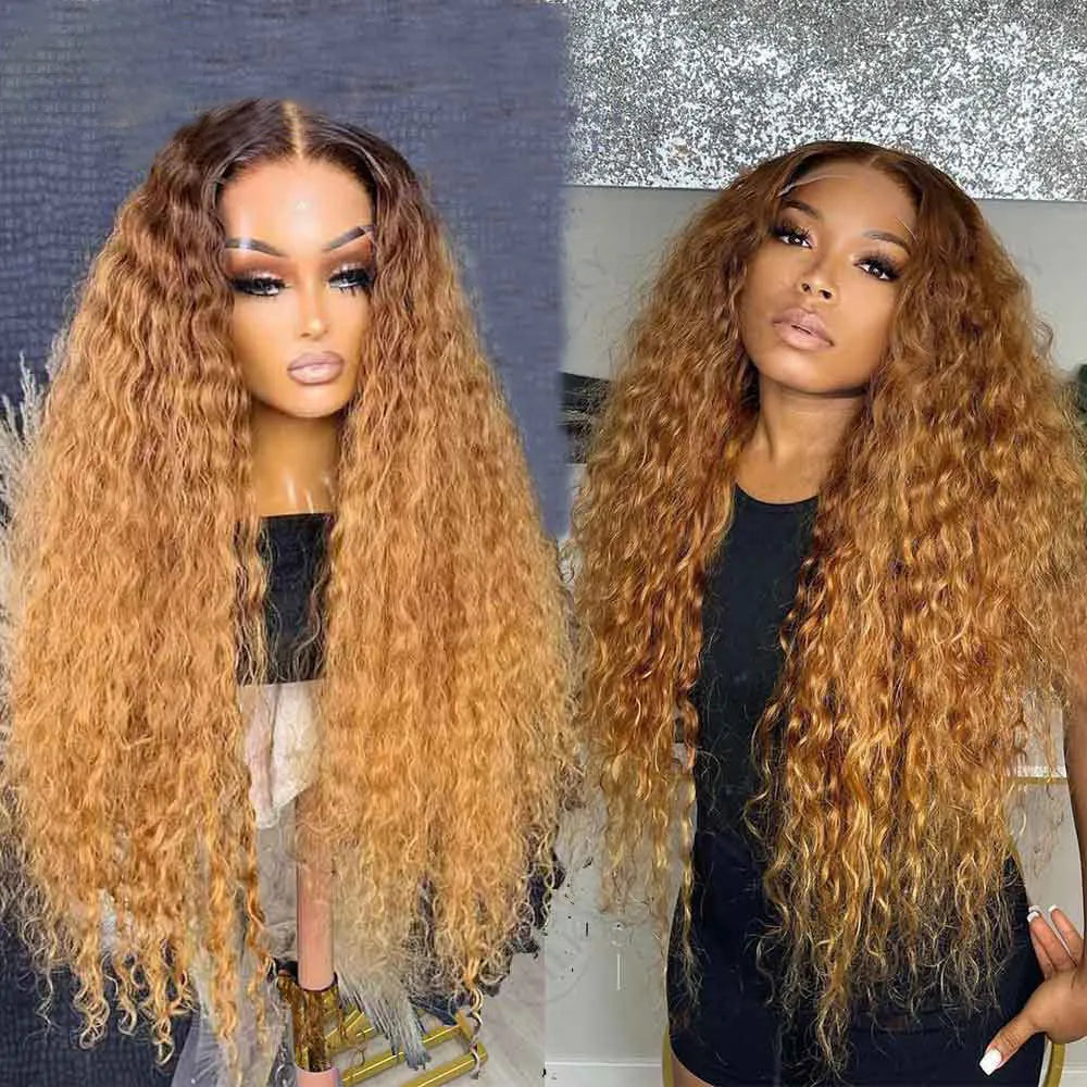 sengpan Soft Preplucked 26Inch 180%Density Glueless Ombre Honey Blonde Kinky Curly Lace Front Wig With BabyHair Heat Temperature Daily