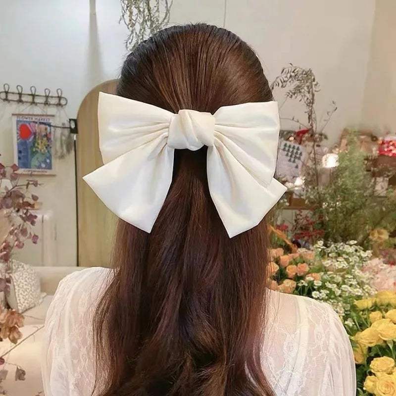 sengpan Elegant Bow Ribbon Hair Clip Fashion Simple Solid Satin Spring Clip Hair Pin Retro Headband with Clips Girls Hair Accessories