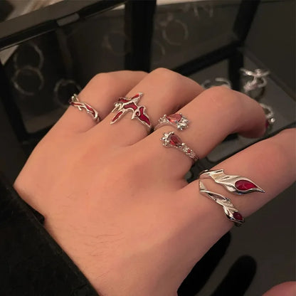 sengpan Vintage Red Enamel Cross Open Rings For Women Men Punk Hip Hop Irregular Lava Texture Rings Y2K Aesthetic Jewelry