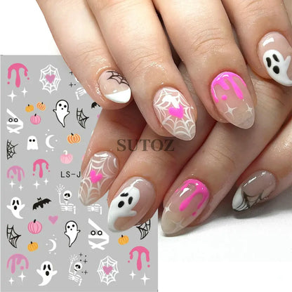 sengpan Pink Pumpkin Nail Art Stickers Halloween Decoration Bat Ghost Design Black Cat Skull Nail Sliders Charms Manicure Decal NLLS-J82