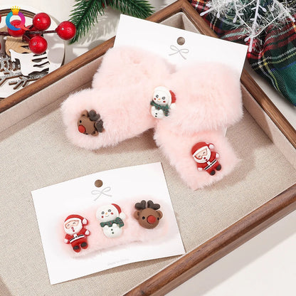 sengpan Christmas Bow Plush Hair Clip Soft Cute Hair Clip With Bangs Pink Santa Claus Elk Hair Accessories Girls Women New Year Gifts