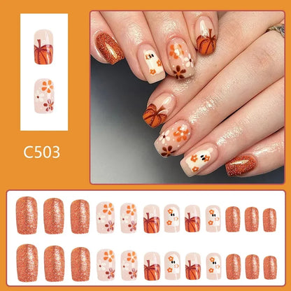 sengpan 24pcs Cute Ghost&Pumpkin Halloween Press-On Nails-Glossy Short Square Fake Nails with Festive Designs False Nail for Women/Girls