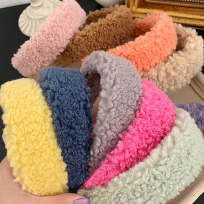 Dospita Candy Color Faux Fur Thick Headband Hair Bands for Women 2021 Winter Warm Cashmere Hairband Solid Color Wide Hair Hoop Ornament