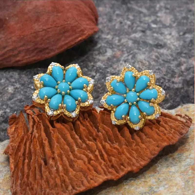 sengpan Vintage Turquoise Stud Earrings for Women Snow Flower Earring Statement Earring Valentine Day Gift Jewelry Pendientes Mujer