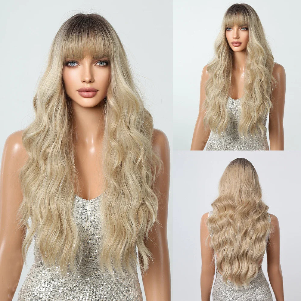 sengpan  Brown Highlight Long Wave Wigs for Women Synthetic Wig with Bangs Ombre Mixed Color Natural Looking Hair for Daily