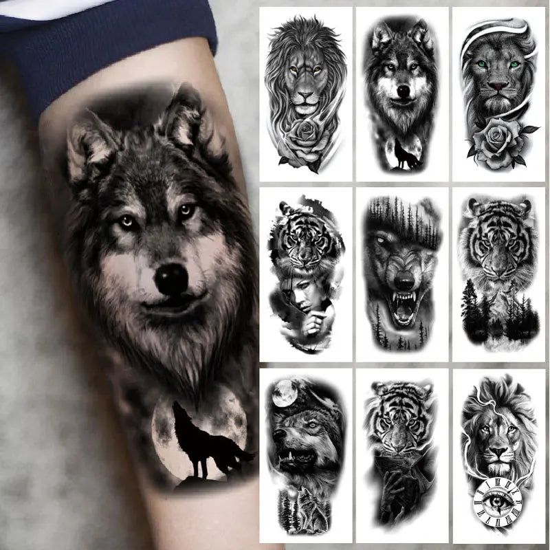 sengpan Black Forest Tattoo Sticker for Men Women Tiger Wolf Death Skull Temporary Tattoo Fake Henna Skeleton King Animal Tatoo Pattern