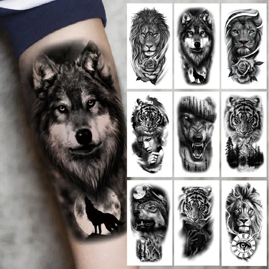 sengpan Black Forest Tattoo Sticker for Men Women Tiger Wolf Death Skull Temporary Tattoo Fake Henna Skeleton King Animal Tatoo Pattern