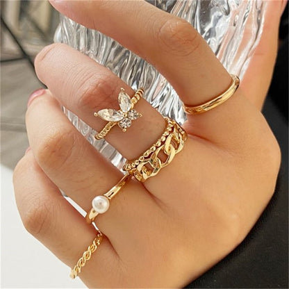 sengpan Bohemian Gold Color Butterfly Rings Set For Women Fashion Shiny Crystal Geometric Flower Knuckle Finger Ring Jewelry Adjustable