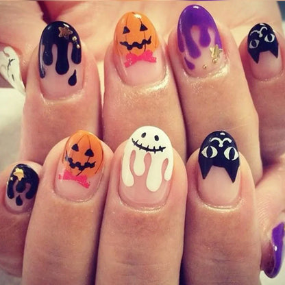 sengpan 24Pc Halloween False Nails with Almond Head Designs Cute Clown Fake Nails French Full Cover Manicure Press on Nail Tips for Girl