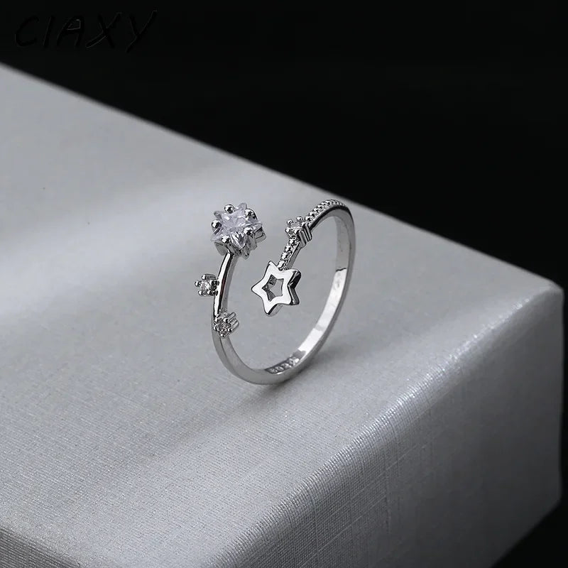 sengpan Korean Silver Color Five Pointed Star Rings for Women Simple Zircon Cross Opening Adjustable Finger Rings Jewelry Party Gift