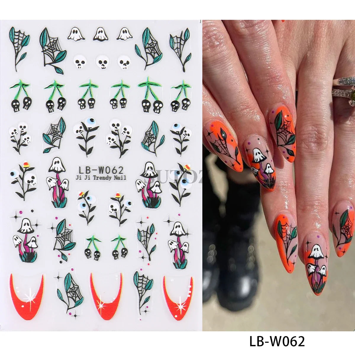 sengpan 5D Embossed Halloween Nail Stickers Skull Chams Spooky Flower Ghost Nail Decals Spider Web Skeleton Sliders for Manicure NTJI-5D