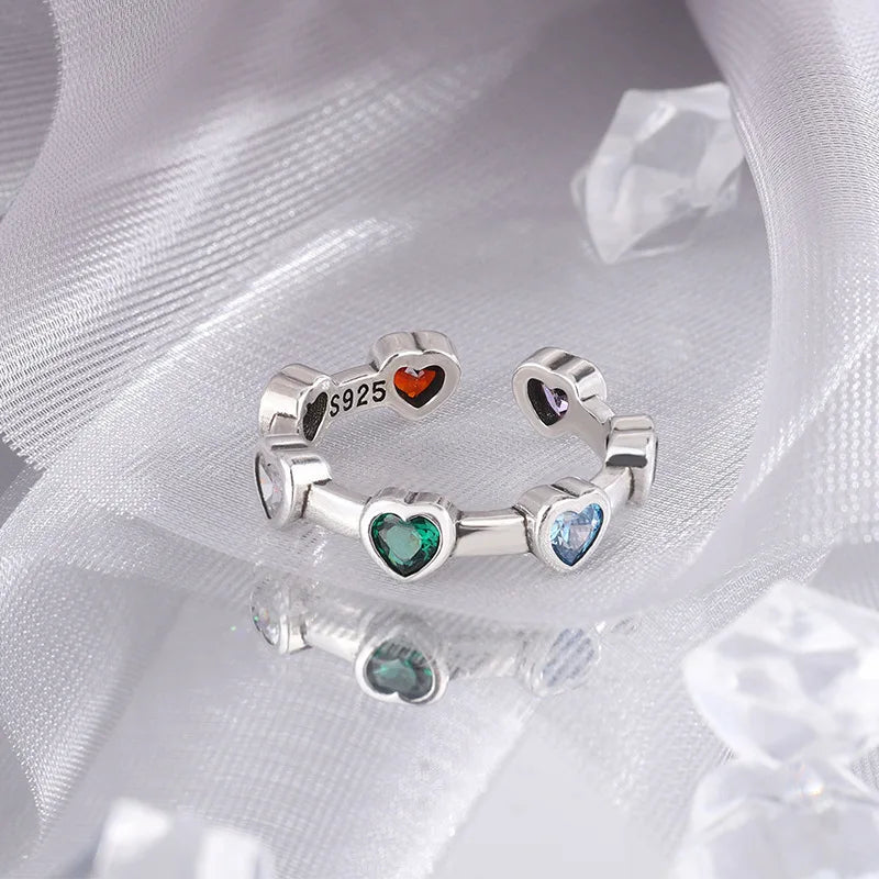 sengpan 100% Solid 925 Sterling Silver Heart Rings For Women Green Red Stone Simple Trendy Retro Anillos Party Gifts Accessories