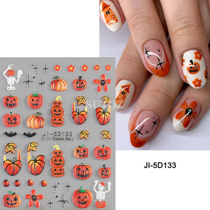 sengpan 5D Ghost Halloween Nail Art Stickers Cartoon Pumpkins Skulls Flowers Nail Decals Y2K Halloween Self-Adhesive Manicure Deco JI-5D