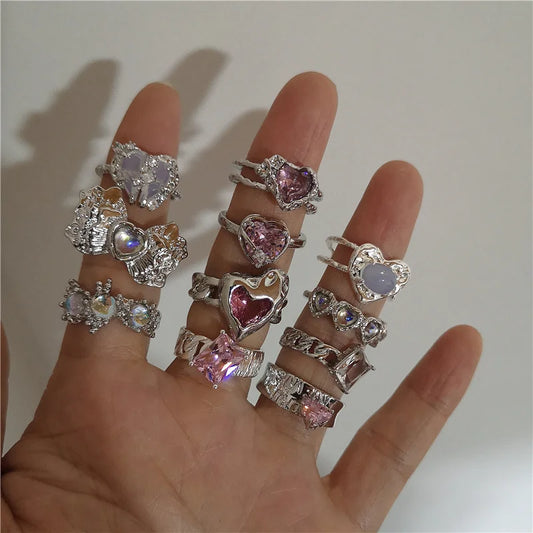 sengpan Pink Crystal Irregular Heart Ring for Women Creative Blue Opal Heart Open Ring Shiny Geometric Zircon Ring Vintage Y2K Jewely