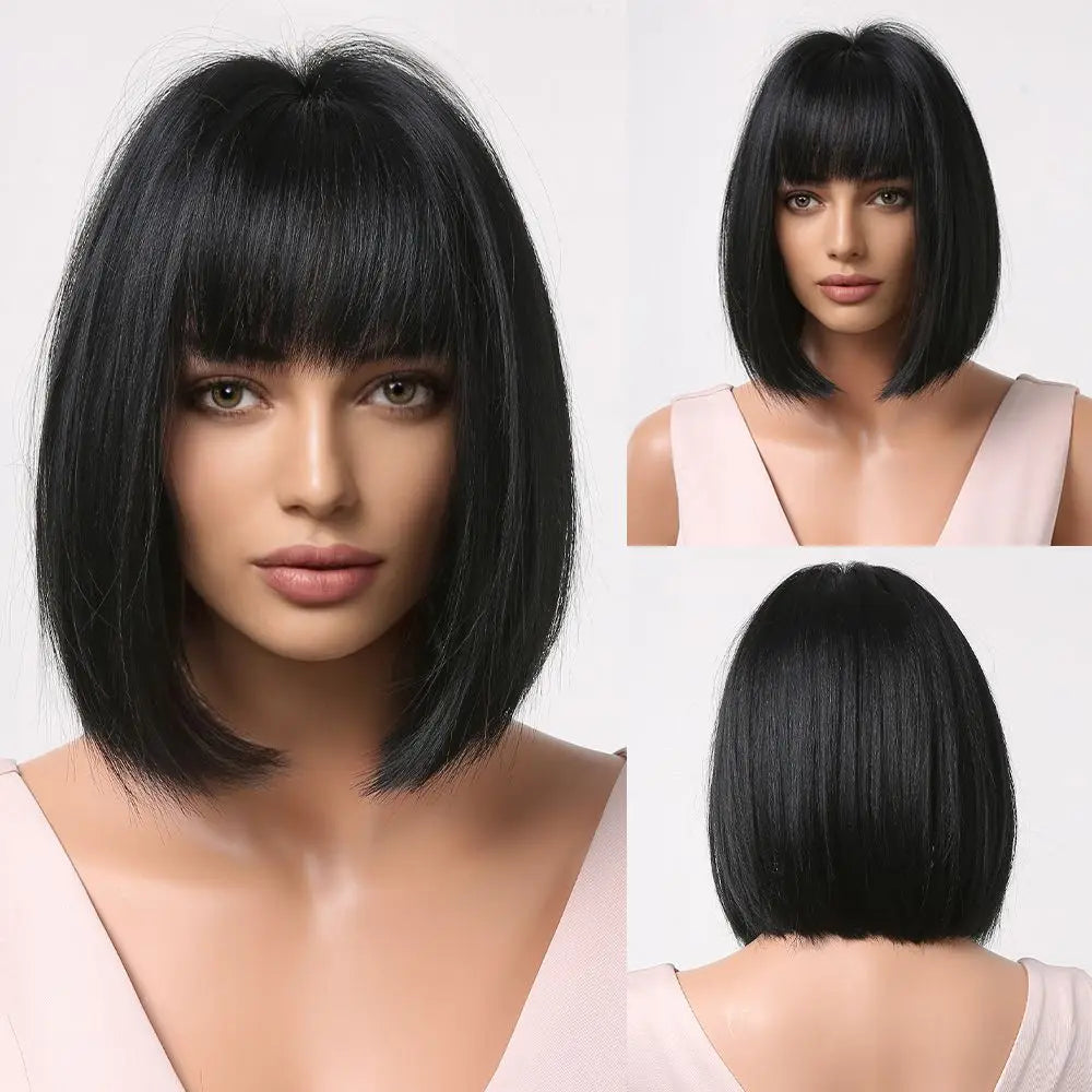 sengpan Medium Length Blue White Ombre Straight Synthetic Hair With Bangs Short Bob Cosplay Wig for Women Daily Party Heat Resistant