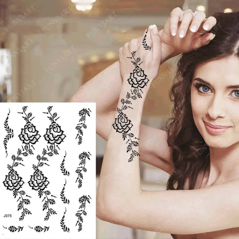 sengpan Black Henna Tattoo Sticker Waterproof Temporary Tattoos for Women Body Art Mehndi Stickers for Hand Flower Fake Tattoo