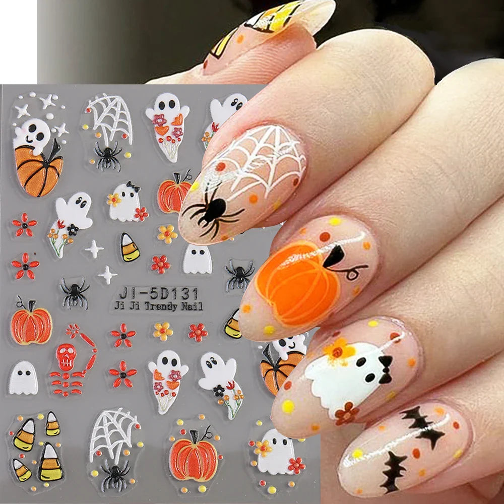 sengpan 5D Embossed Ghost Nail Art Stickers Halloween Cartoon Pumpkin Skull Nail Decals Spider Web Daisy Sliders For Manicure NTJI-5D131