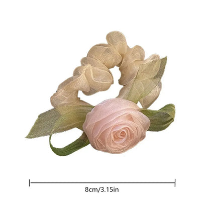 sengpan Sweet Rose Flower Hair Scrunchies Women Mesh Large Hair Rope Girl Fairy Hair Tie Simple Ins Headdress Female Ponytail Holder