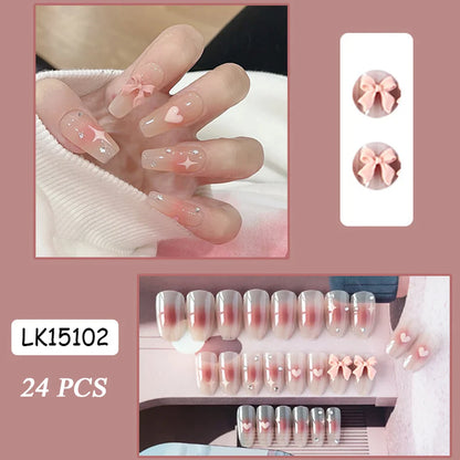 sengpan Press On Nails Heart 24PCS Pink Bow False Nail Girls Sweet Style Save Time Medium Coffin Nail Free Shipping Full Cover Nail Tips