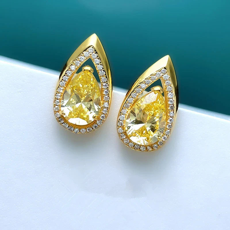 sengpan Trendy Waterdrop Shaped Stud Earrings Women Gold Color Luxury Pear Yellow Cubic Zirconia Earrings for Wedding Jewelry