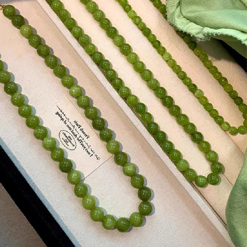 Lianfudai French Style Green Natural Stone Necklace for Female Summer Handmade Beaded New Chinese Style Neck Chain