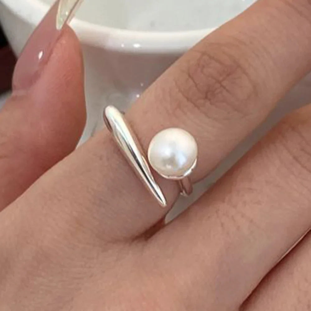 sengpan CLUB  Silver Ring For Women Pearl Simple Open Vintage Handmade Ring Allergy For Party Birthday Gift