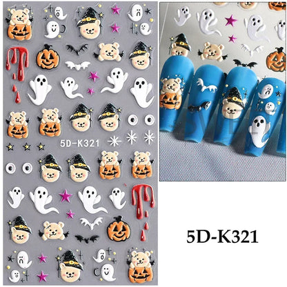 sengpan 5D Halloween Ghost Pumpkin Embossed Nail Stickers Decals Spider Web Clown Bone Nail Art Gel Sliders Design Manicure Decorations