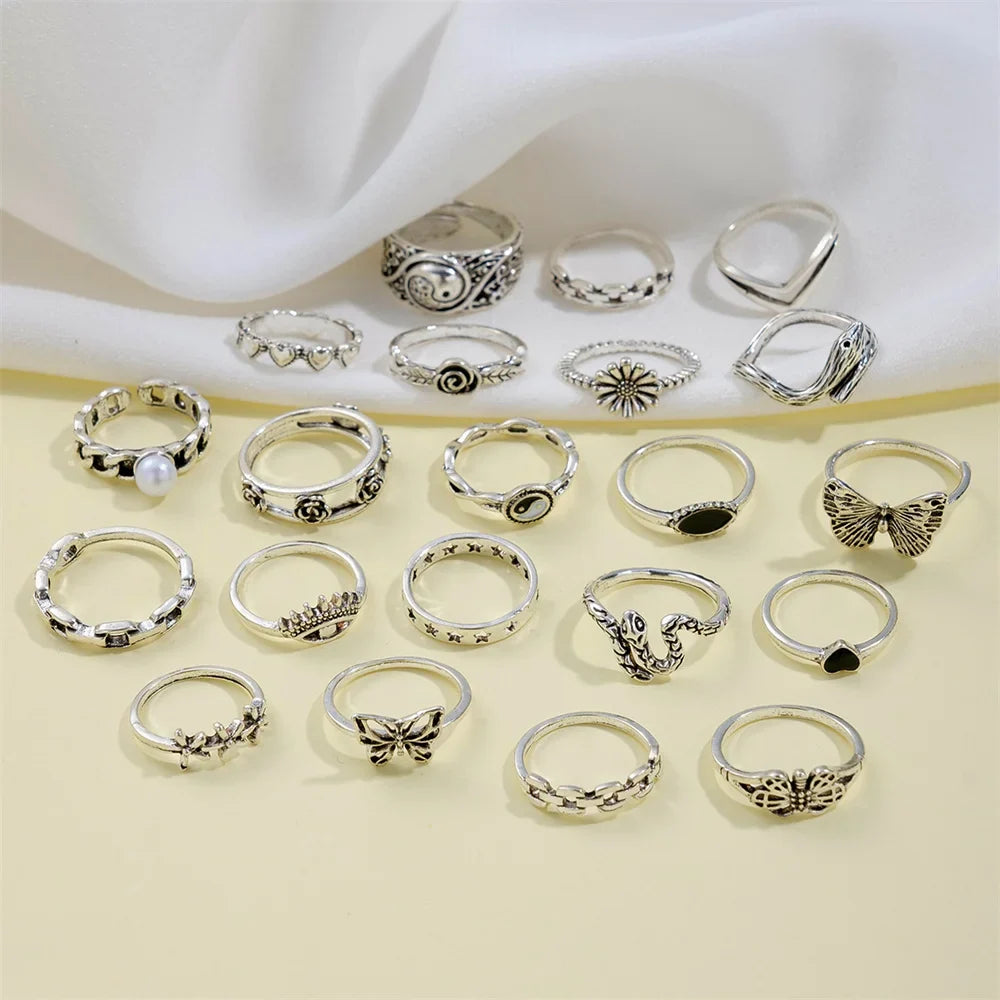 sengpan 21pcs/set Punk Gothic Butterfly Snake Heart Rings Set For Women Men Vintage Silver Plated Geometric Finger Rings Party Jewelry