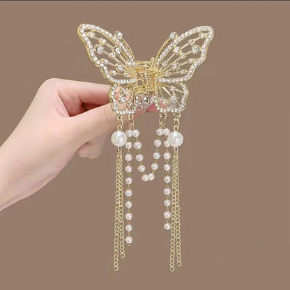 Lianfudai Exquisite Rhinestone Butterfly Fringe Hair Claw Clips Korean New Ponytail Braid Pearl Hairpin Girl Crab Metal Headdress Gift