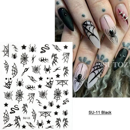 sengpan Spider Nail Sticker Halloween Decoration Snake Skull Design Evil Pumpkin Bat Nail Slider Witch Star Charm Manicure Decal LEBSO10