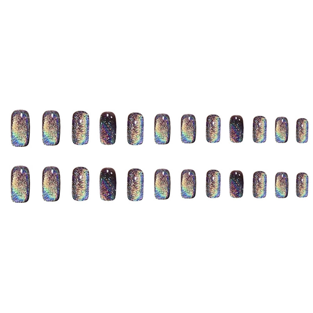 sengpan 24pcs Aurora False Nail Cat Eye Black Fake Nail Full Cover Glitter Coffin Press on Nail Bride Lady Manicure Acrylic Nail Tip