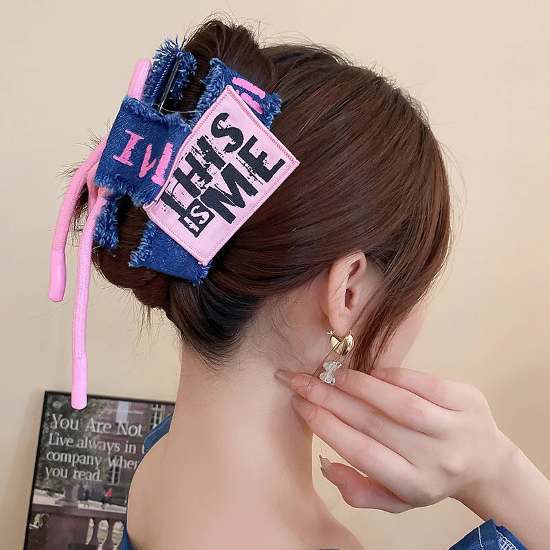 sengpan Oversize Y2k Denim Letter Bowknot  Plastic Ponytail Hair Clip Claw For Women Trendy Shark  Hairpin Hair Accessories Tool 2024