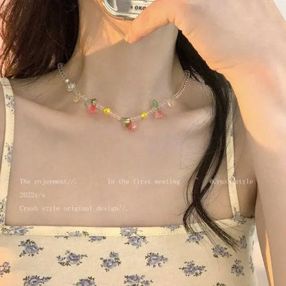 Lianfudai New Korea Summer Lovely Colorful Flowers Daisy Transparent Crystal Beading Strand Short Choker Necklace for Women